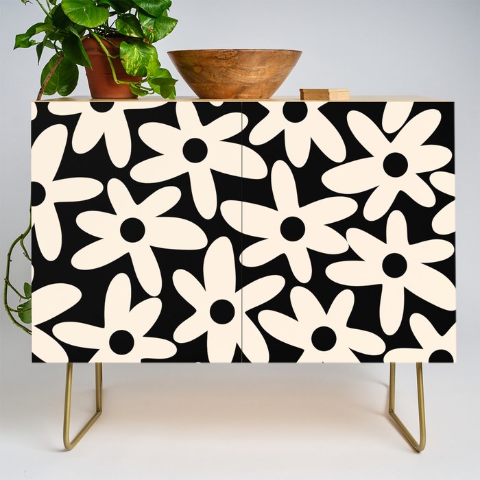 Daisy Time Retro Scandinavian Floral Pattern Black Almond Cream Credenza Gallery Image 1