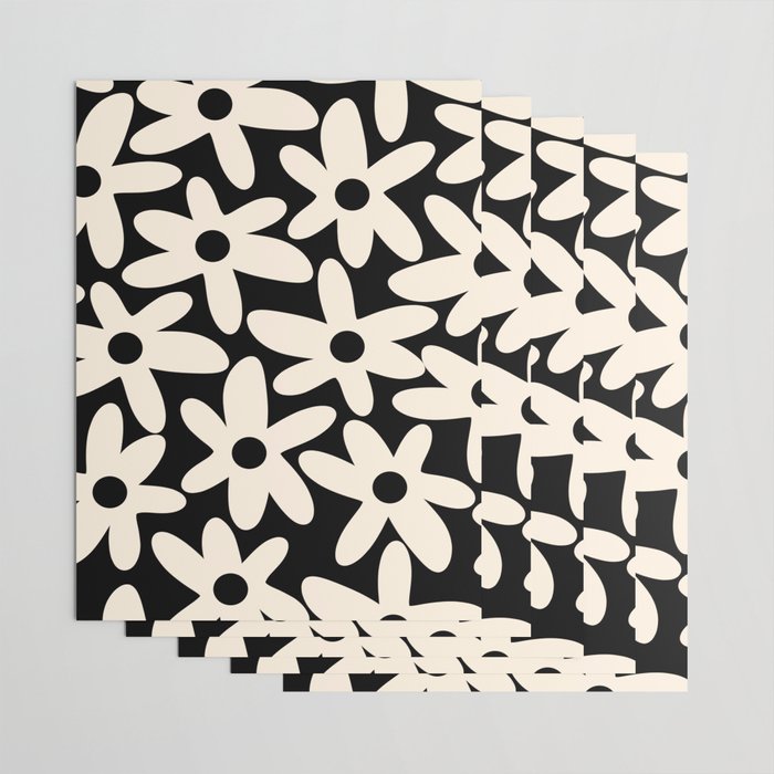 Daisy Time Retro Scandinavian Floral Pattern Black Almond Cream Wrapping Paper Gallery Image 3