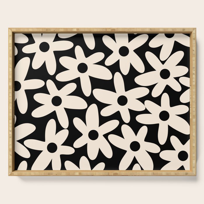 Daisy Time Retro Scandinavian Floral Pattern Black Almond Cream Serving Tray Gallery Image 1