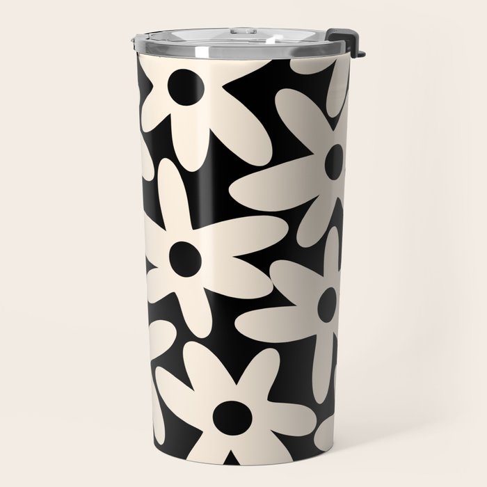 Daisy Time Retro Scandinavian Floral Pattern Black Almond Cream Travel Mug Gallery Image 2