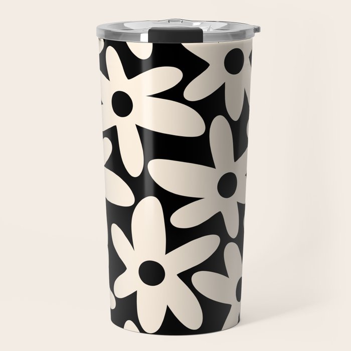 Daisy Time Retro Scandinavian Floral Pattern Black Almond Cream Travel Mug Gallery Image 1