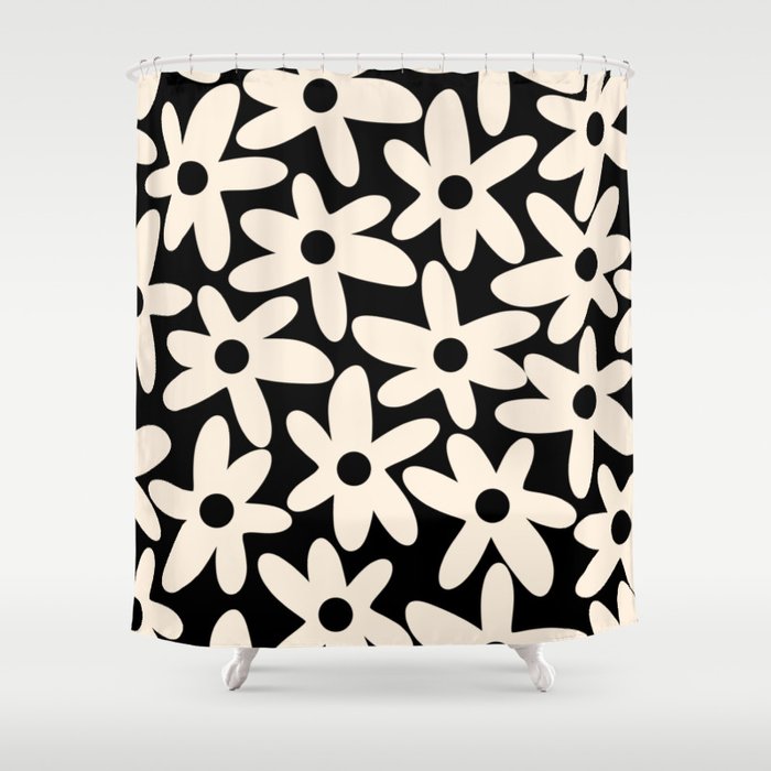 Daisy Time Retro Scandinavian Floral Pattern Black Almond Cream Shower Curtain Gallery Image 1