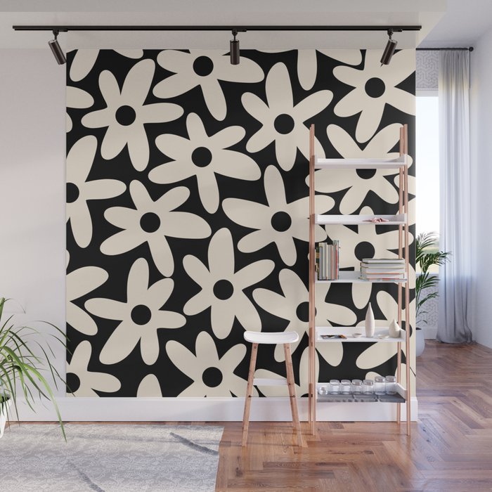 Daisy Time Retro Scandinavian Floral Pattern Black Almond Cream Wall Mural Gallery Image 1