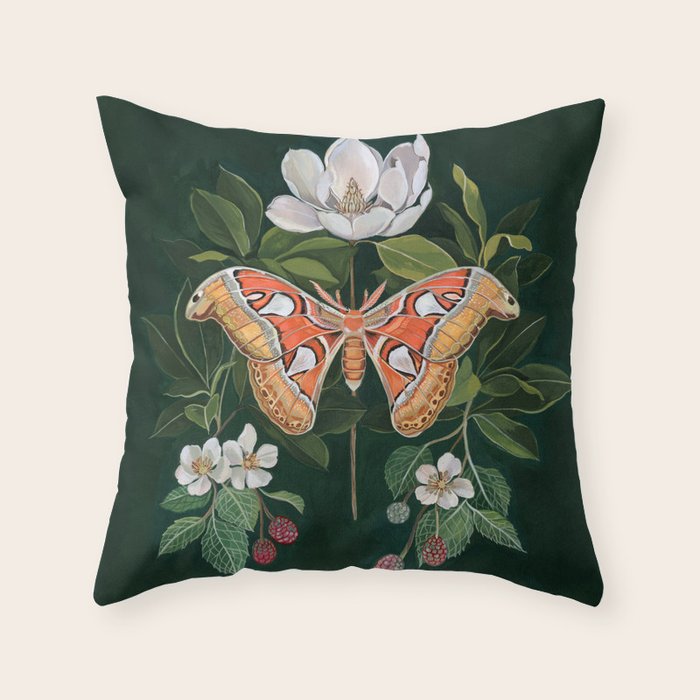 Atlas Moth Magnolia Throw Pillow Gallery Image 1