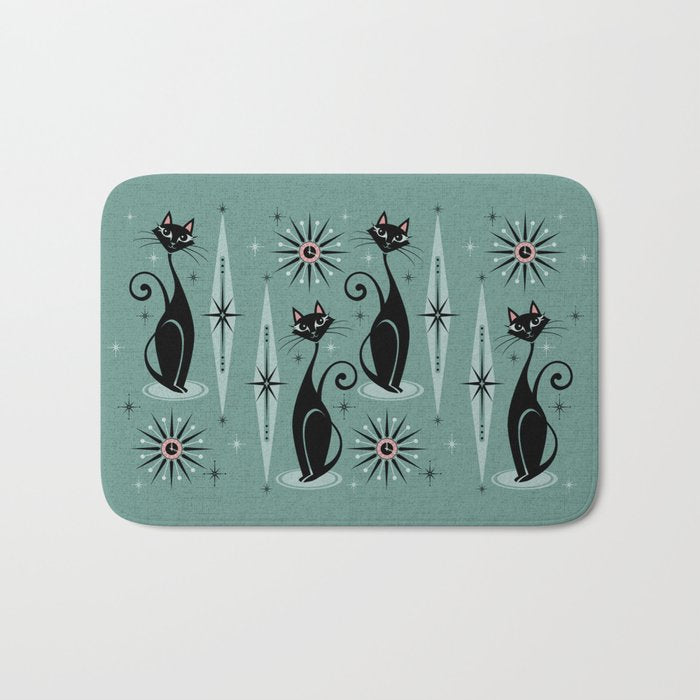 Mid Century Cats and Clocks -Spearmint Custom©studioxtine Bath Mat Gallery Image 1