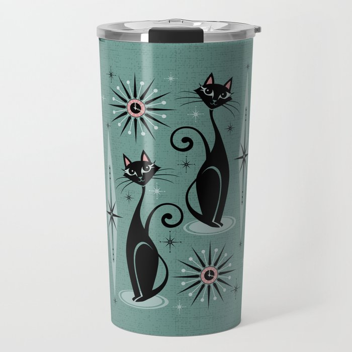 Mid Century Cats and Clocks -Spearmint Custom©studioxtine Travel Mug Gallery Image 1