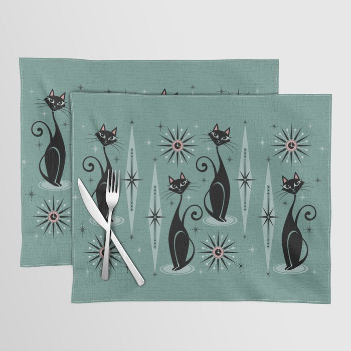 Mid Century Cats and Clocks -Spearmint Custom©studioxtine Placemat Gallery Image 1