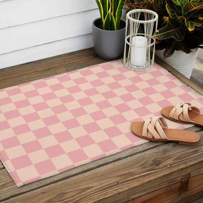 Checkerboard Check Checkered Pattern in Blush Pink and Cream Outdoor Rug Gallery Image 2