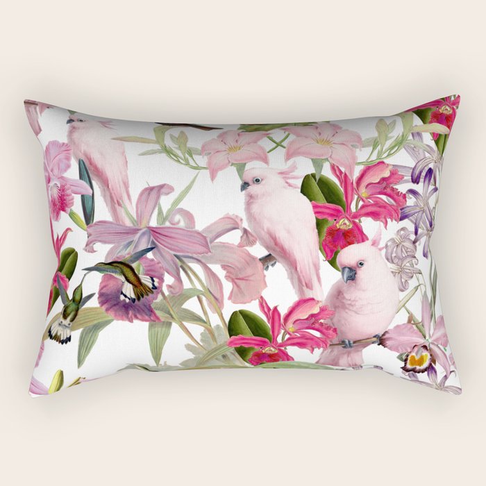 Vintage & Shabby Chic Pink Cockatoo Tropical Flower Jungle Rectangular Pillow Gallery Image 1
