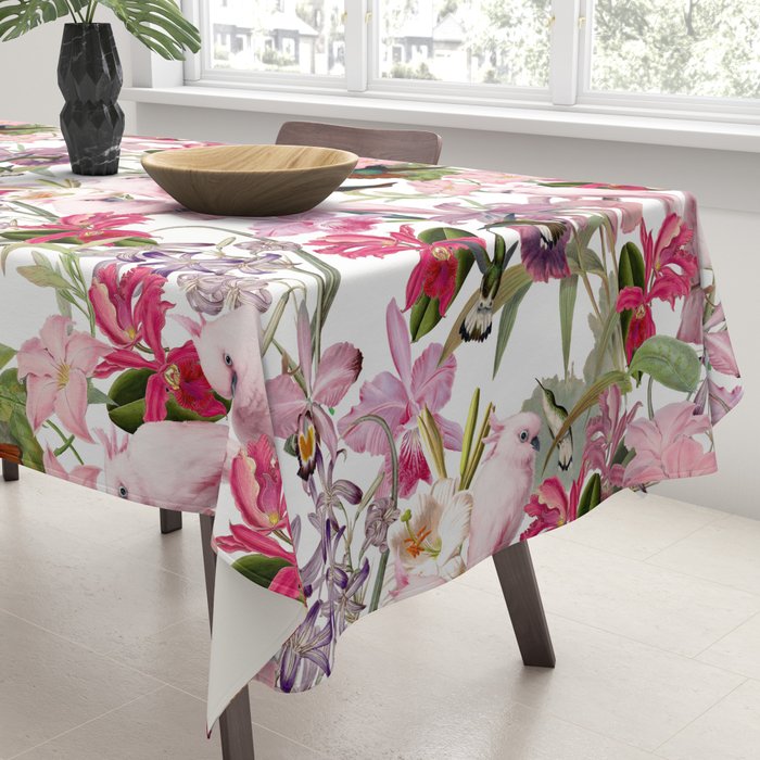 Vintage & Shabby Chic Pink Cockatoo Tropical Flower Jungle Tablecloth Gallery Image 3