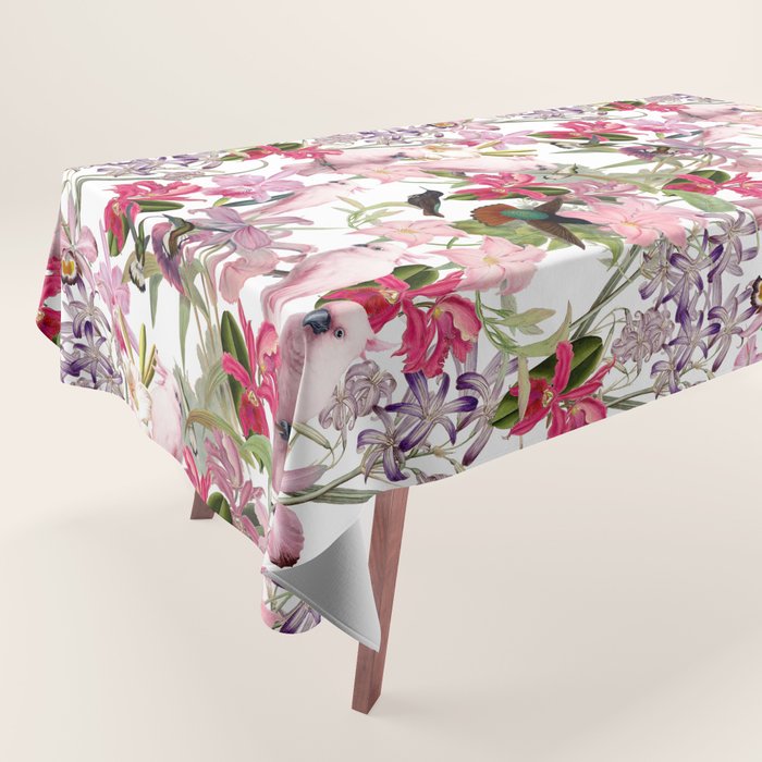 Vintage & Shabby Chic Pink Cockatoo Tropical Flower Jungle Tablecloth Gallery Image 1