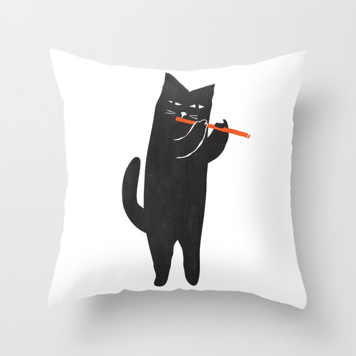 Black cat with flute Throw Pillow Gallery Image 6
