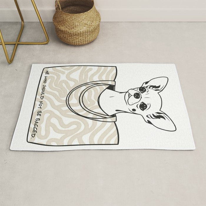 He Who Should Not Be Bagged | Cute Dog Chihuahua Fashion Quote Line Art, Pet Animal Movie Pun Funny, Typography Letters Phrase Dialogue Words, Contemporary Modern Minimal Patterned Bag Rug Gallery Image 1