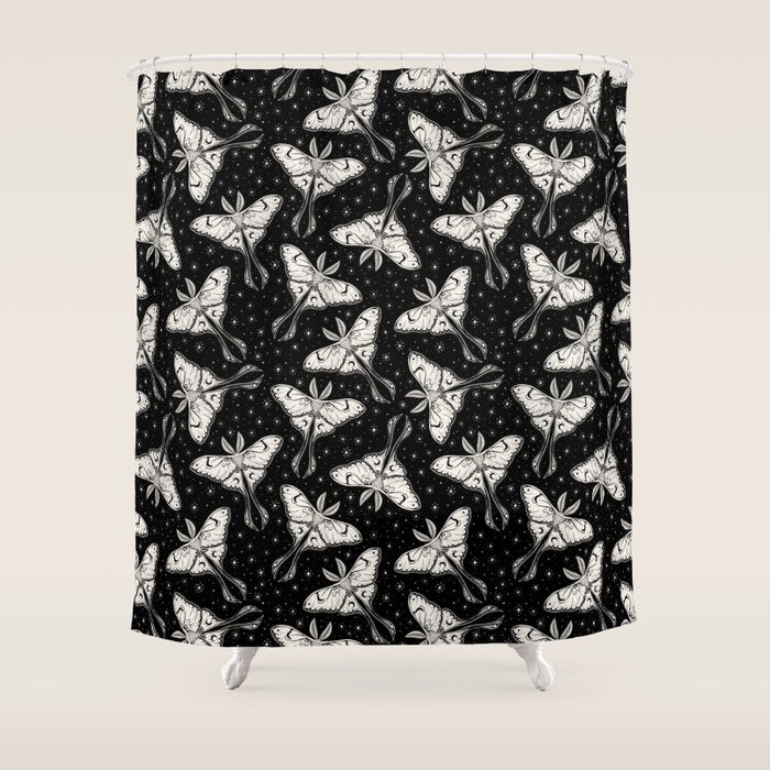 Luna Moth In Black and White Shower Curtain Gallery Image 1