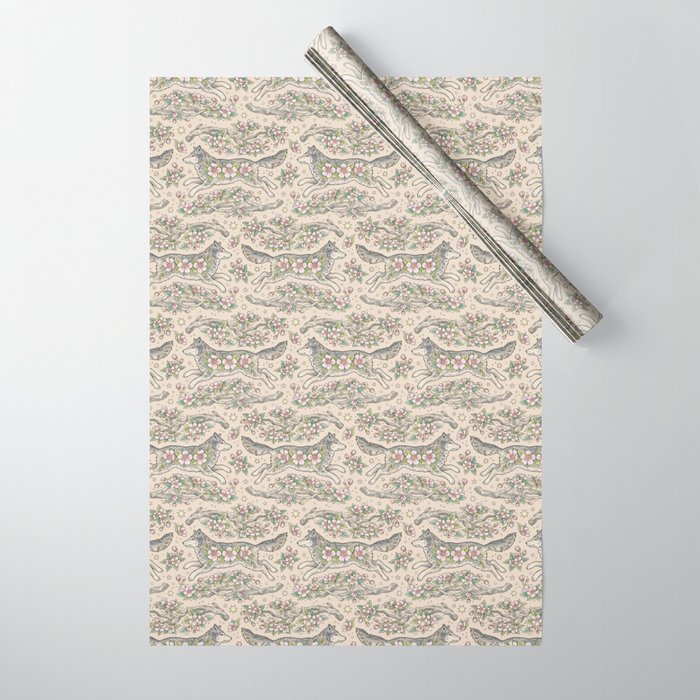 Wolf & Wild Apple Blossoms | Botanical Animal Art Wrapping Paper Gallery Image 1