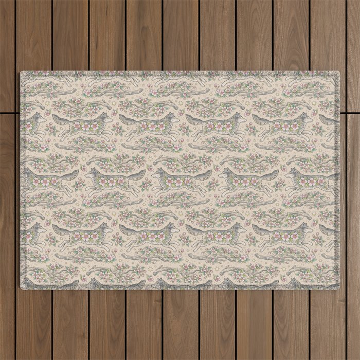 Wolf & Wild Apple Blossoms | Botanical Animal Art Outdoor Rug Gallery Image 1