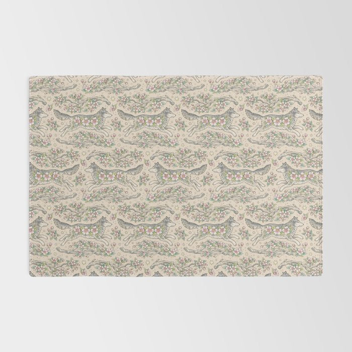 Wolf & Wild Apple Blossoms | Botanical Animal Art Rug Gallery Image 2