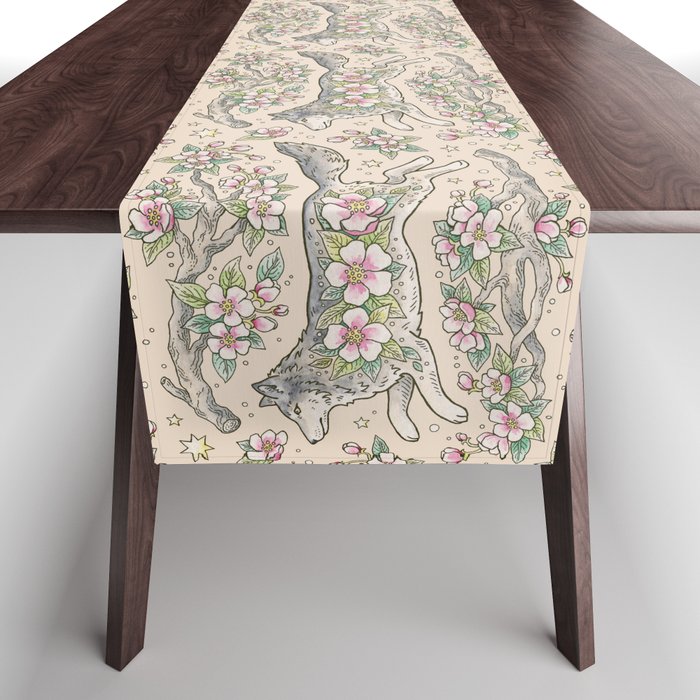 Wolf & Wild Apple Blossoms | Botanical Animal Art Table Runner Gallery Image 1