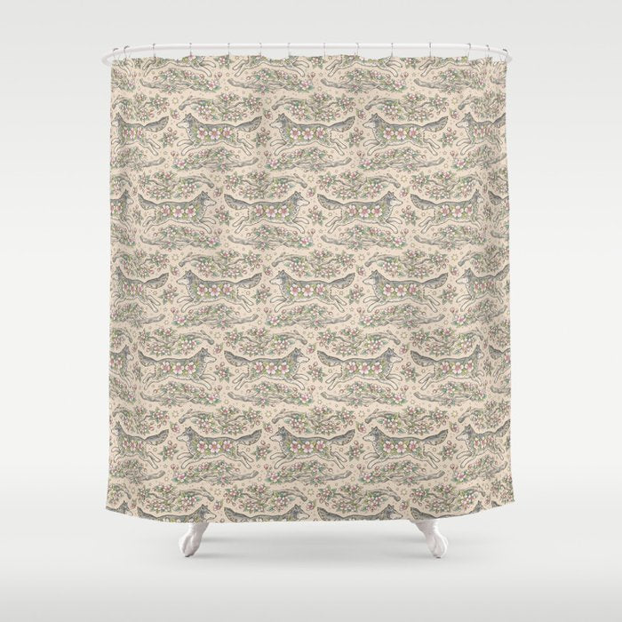 Wolf & Wild Apple Blossoms | Botanical Animal Art Shower Curtain Gallery Image 1