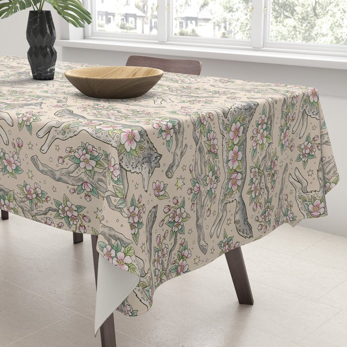 Wolf & Wild Apple Blossoms | Botanical Animal Art Tablecloth Gallery Image 3