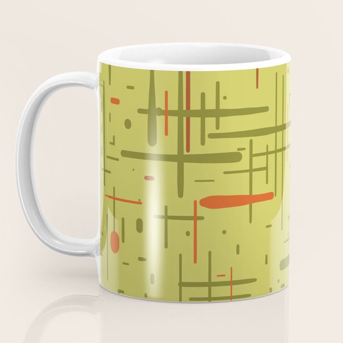 Mid-Century Modern Kinetikos Pattern in Light Avocado Lime Green and Retro Orange Coffee Mug Gallery Image 3