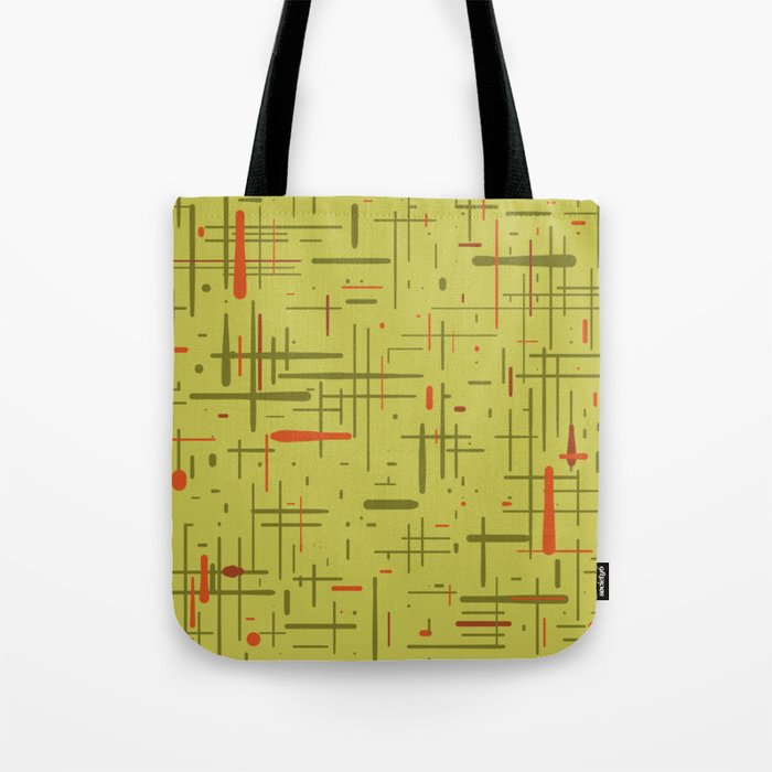 Mid-Century Modern Kinetikos Pattern in Light Avocado Lime Green and Retro Orange Tote Bag Gallery Image 1