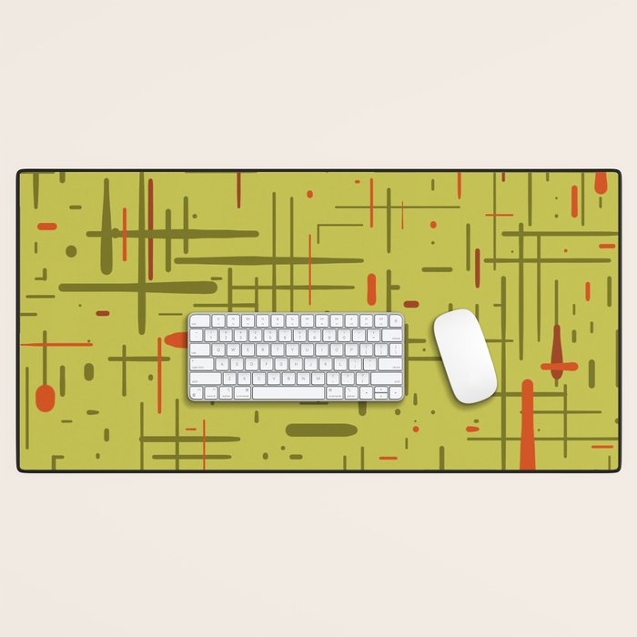 Mid-Century Modern Kinetikos Pattern in Light Avocado Lime Green and Retro Orange Desk Mat Gallery Image 1