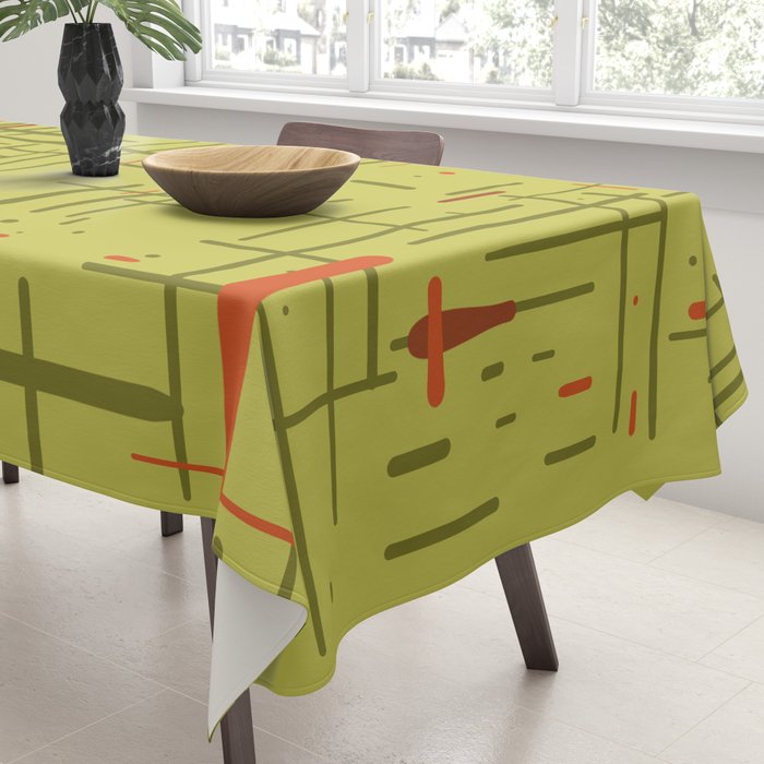 Mid-Century Modern Kinetikos Pattern in Light Avocado Lime Green and Retro Orange Tablecloth Gallery Image 3