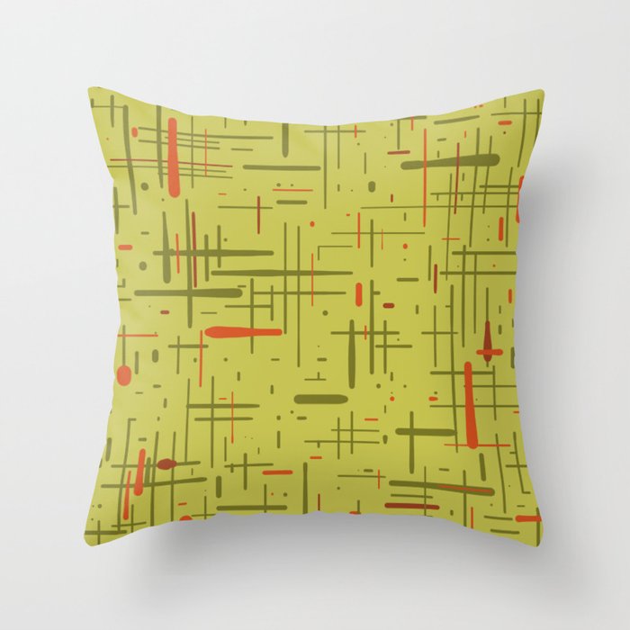 Mid-Century Modern Kinetikos Pattern in Light Avocado Lime Green and Retro Orange Throw Pillow Gallery Image 1