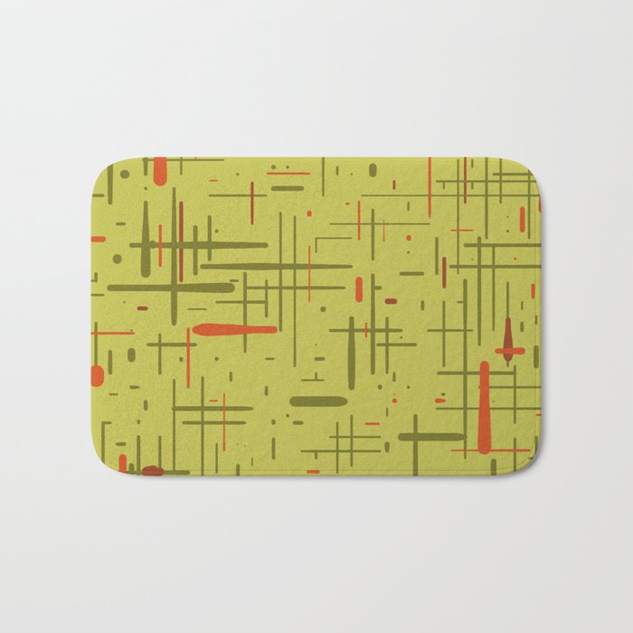 Mid-Century Modern Kinetikos Pattern in Light Avocado Lime Green and Retro Orange Bath Mat Gallery Image 1