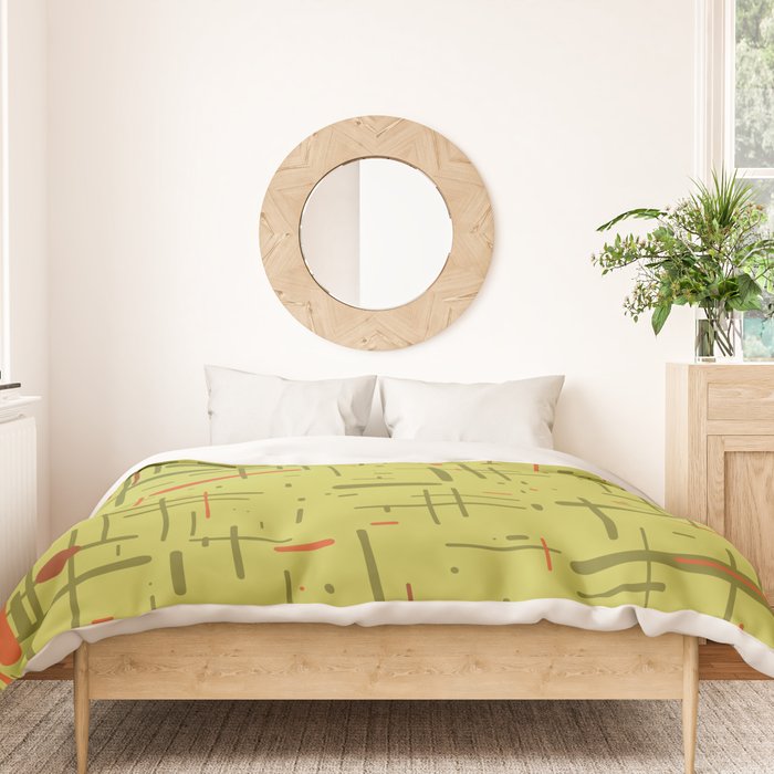 Mid-Century Modern Kinetikos Pattern in Light Avocado Lime Green and Retro Orange Duvet Cover Gallery Image 3