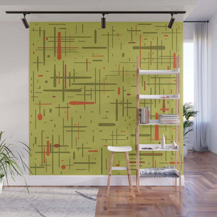 Mid-Century Modern Kinetikos Pattern in Light Avocado Lime Green and Retro Orange Wall Mural Gallery Image 1