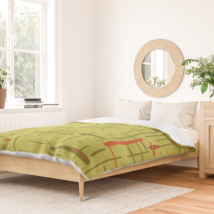 Mid-Century Modern Kinetikos Pattern in Light Avocado Lime Green and Retro Orange Duvet Cover Gallery Image 2