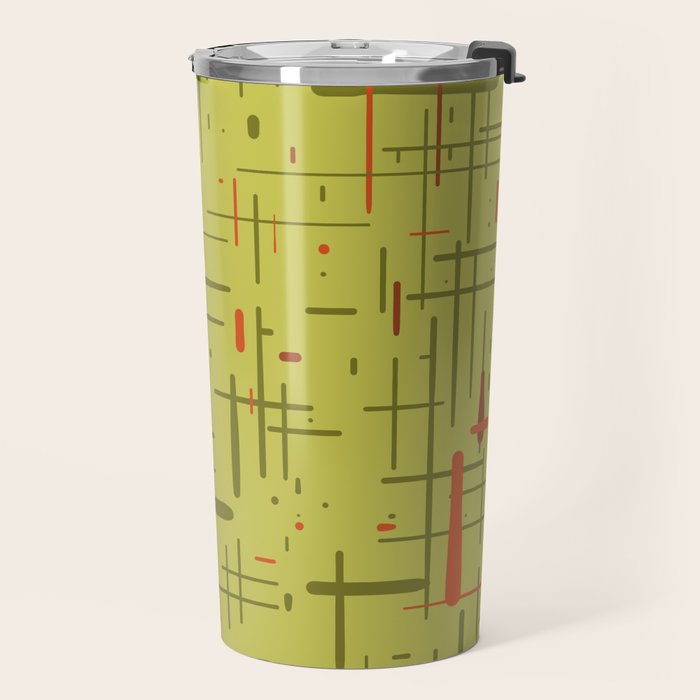 Mid-Century Modern Kinetikos Pattern in Light Avocado Lime Green and Retro Orange Travel Mug Gallery Image 2