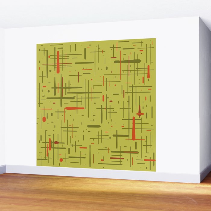 Mid-Century Modern Kinetikos Pattern in Light Avocado Lime Green and Retro Orange Wall Mural Gallery Image 2