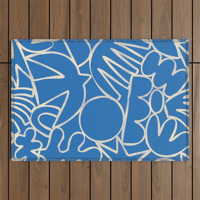 Blue organic nature art shape paint pattern Outdoor Rug Gallery Image 1