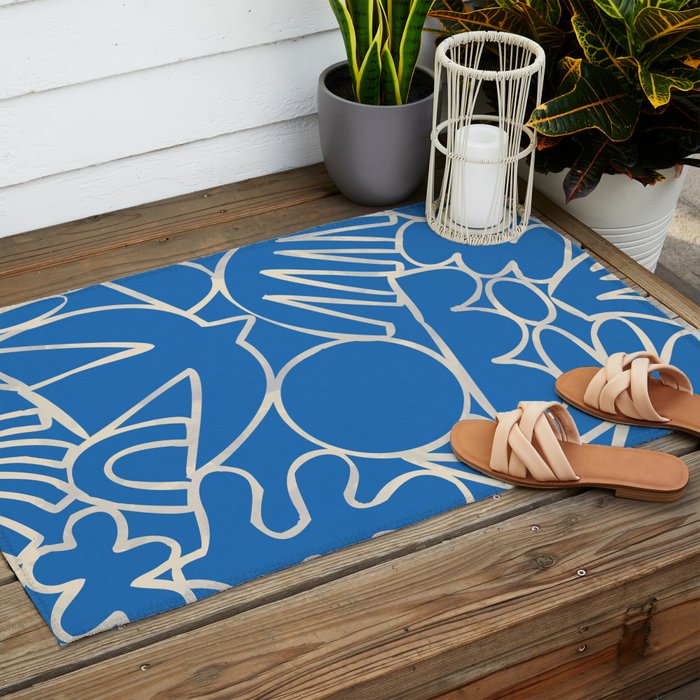 Blue organic nature art shape paint pattern Outdoor Rug Gallery Image 2