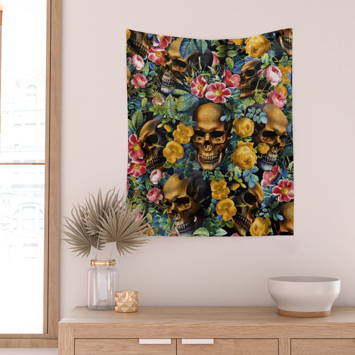 Skull and Flowers Pattern Wall Tapestry Gallery Image 2