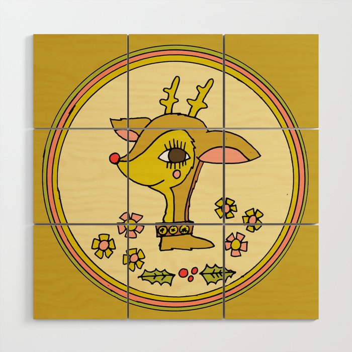 vintage reindeer christmas cheer // retro art by surfy birdy Wood Wall Art Gallery Image 1