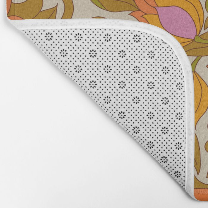 Orange, Pink Flowers and Green Leaves 1960s Retro Vintage Pattern Bath Mat Gallery Image 2