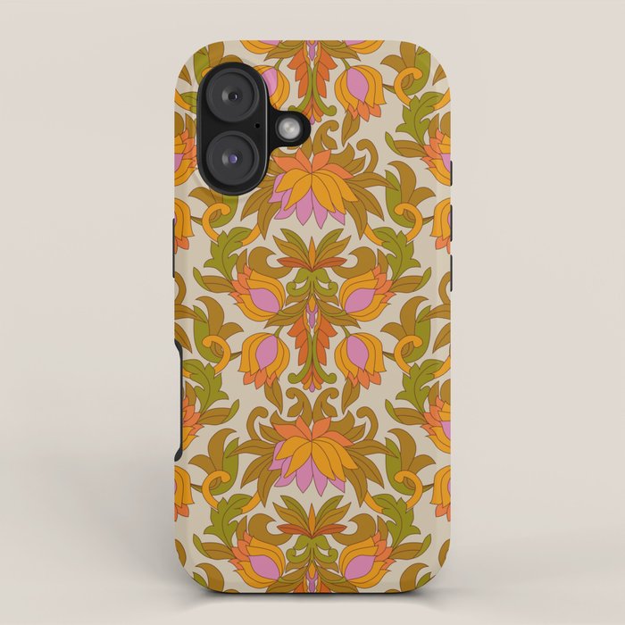 Orange, Pink Flowers and Green Leaves 1960s Retro Vintage Pattern iPhone Case Gallery Image 1