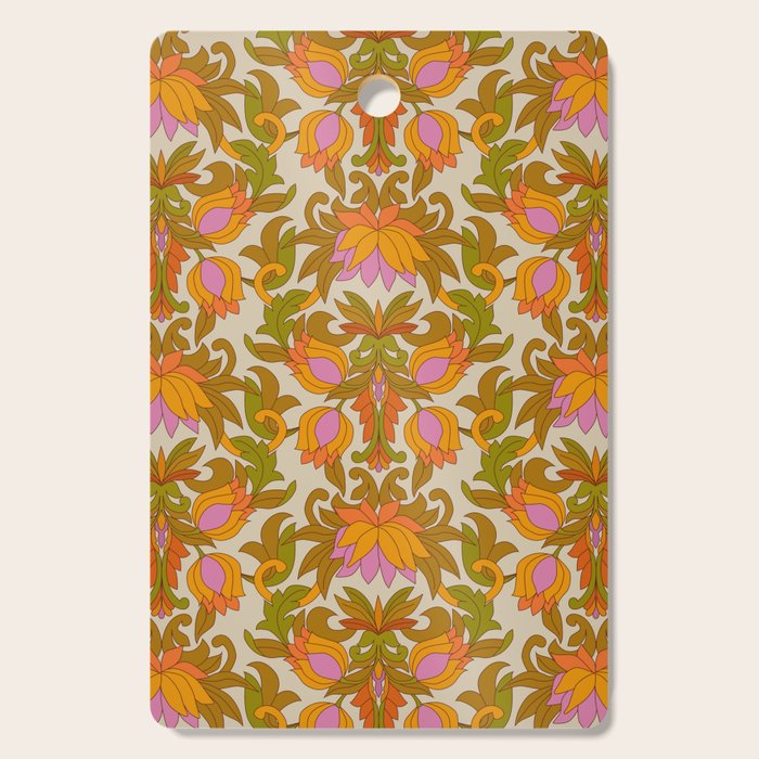 Orange, Pink Flowers and Green Leaves 1960s Retro Vintage Pattern Cutting Board Gallery Image 1