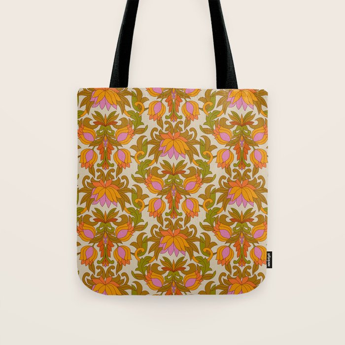 Orange, Pink Flowers and Green Leaves 1960s Retro Vintage Pattern Tote Bag Gallery Image 1