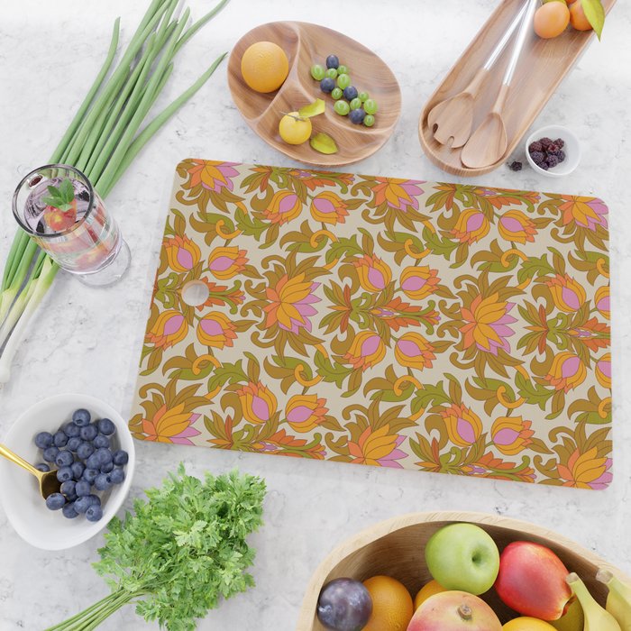 Orange, Pink Flowers and Green Leaves 1960s Retro Vintage Pattern Cutting Board Gallery Image 2