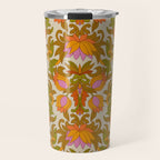 Orange, Pink Flowers and Green Leaves 1960s Retro Vintage Pattern Travel Mug Gallery Image 1