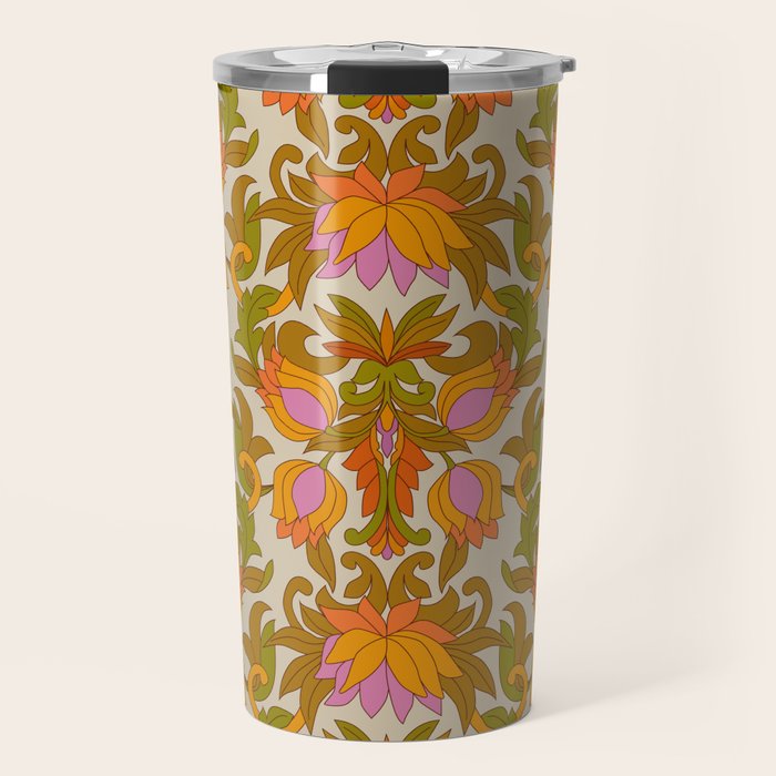Orange, Pink Flowers and Green Leaves 1960s Retro Vintage Pattern Travel Mug Gallery Image 1