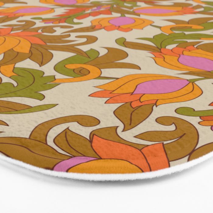 Orange, Pink Flowers and Green Leaves 1960s Retro Vintage Pattern Bath Mat Gallery Image 3