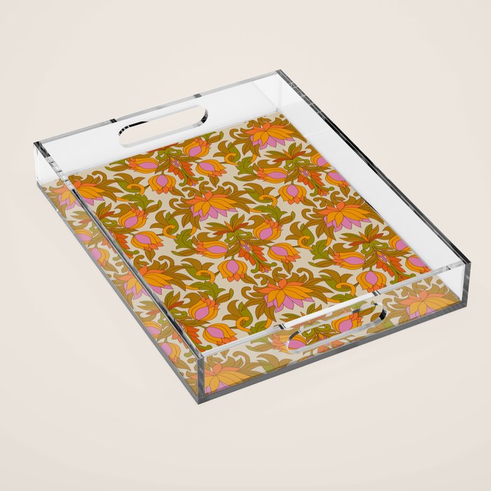 Orange, Pink Flowers and Green Leaves 1960s Retro Vintage Pattern Acrylic Tray Gallery Image 1