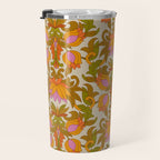 Orange, Pink Flowers and Green Leaves 1960s Retro Vintage Pattern Travel Mug Gallery Image 3