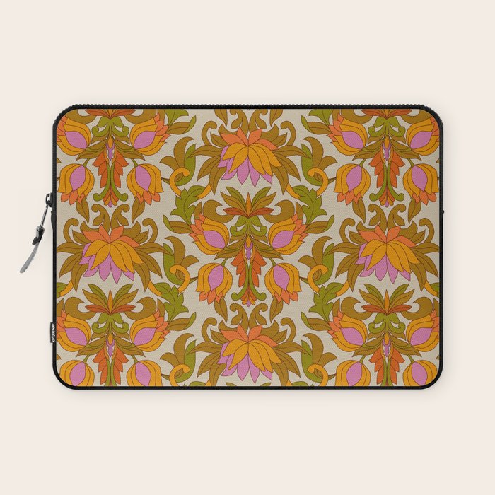 Orange, Pink Flowers and Green Leaves 1960s Retro Vintage Pattern Laptop Sleeve Gallery Image 1
